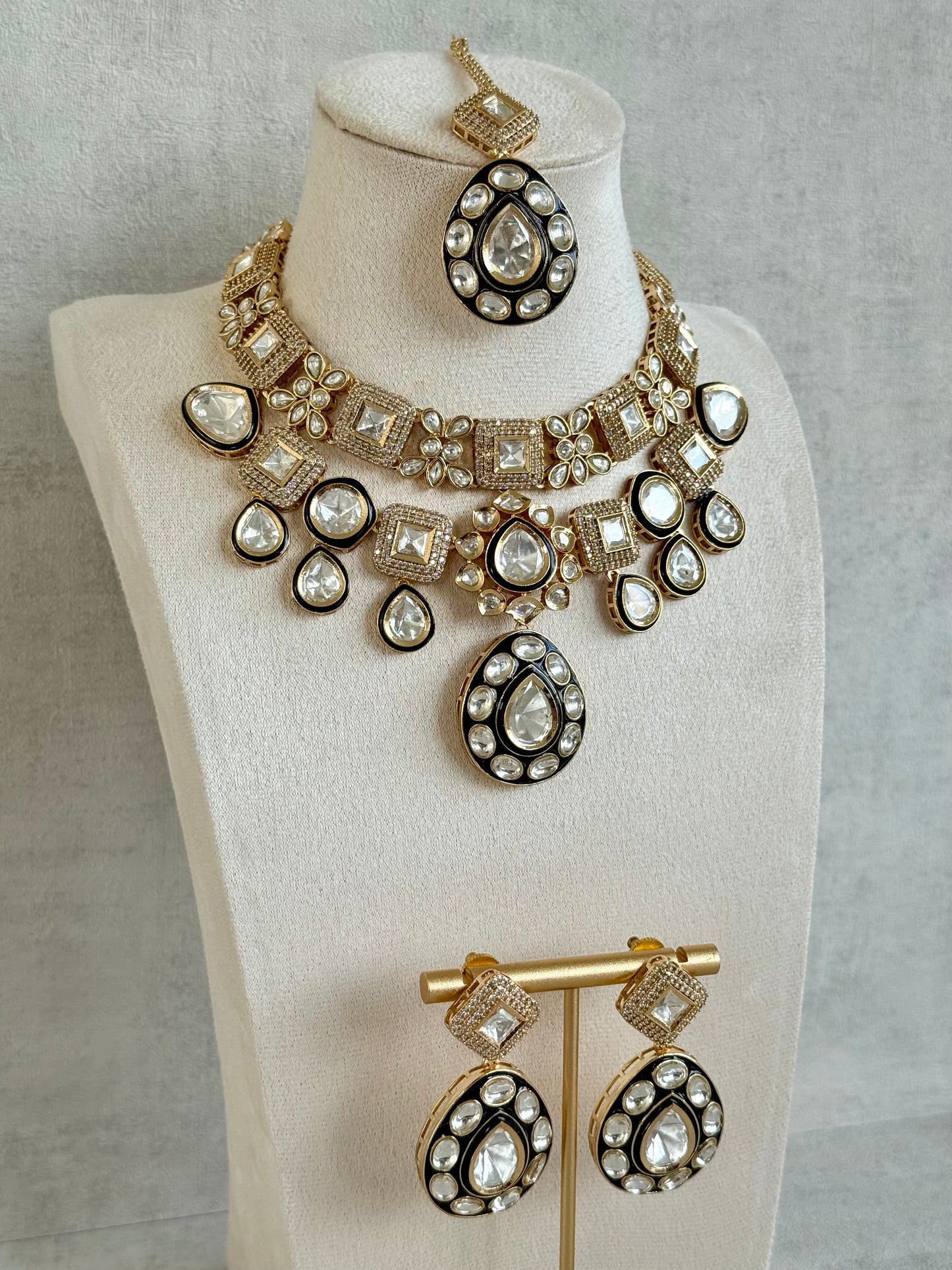 Ayura Designs Avani Set with Earrings & Tikka – Mirror-Cut Stones with Deep Blue Enamel Detailing & Crystal Borders