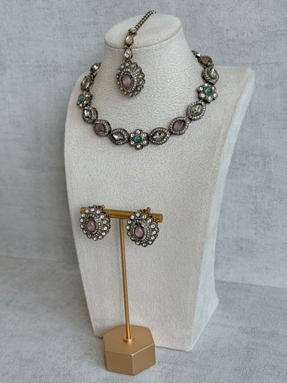 Ayura Designs Ivy Necklace Set with Studs & Tikka – Blush Pink & Mint Green Kundan Detailing