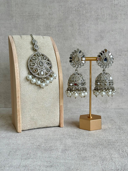 Ayura Designs Meeta Tikka Set with Jhumkis – Silver Mirror-Cut Detailing & Pearl Drops