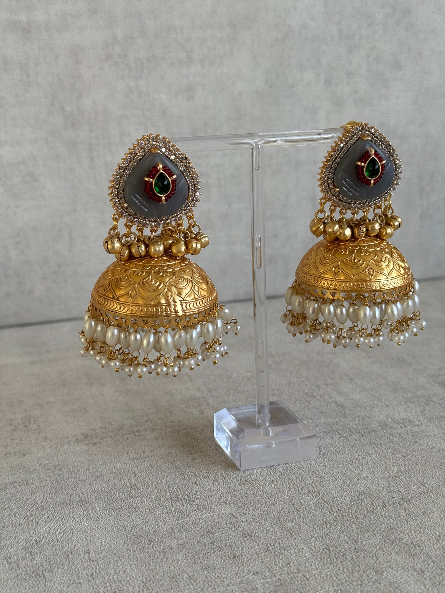 Ayura Designs Ziva Jhumkis – Handcrafted in Antique-Finish Brass with Grey Enamel Studs, Green Stone Detail & Pearl Clusters