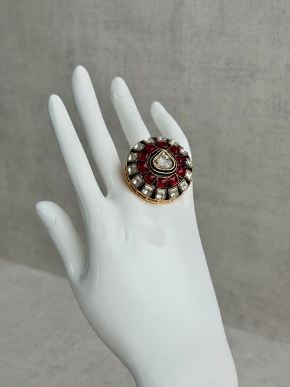 Ayura Designs Zaib Adjustable Ring – Mirror-Cut Stone with Green Enamel, Ruby Pink Accents & Crystal Detailing