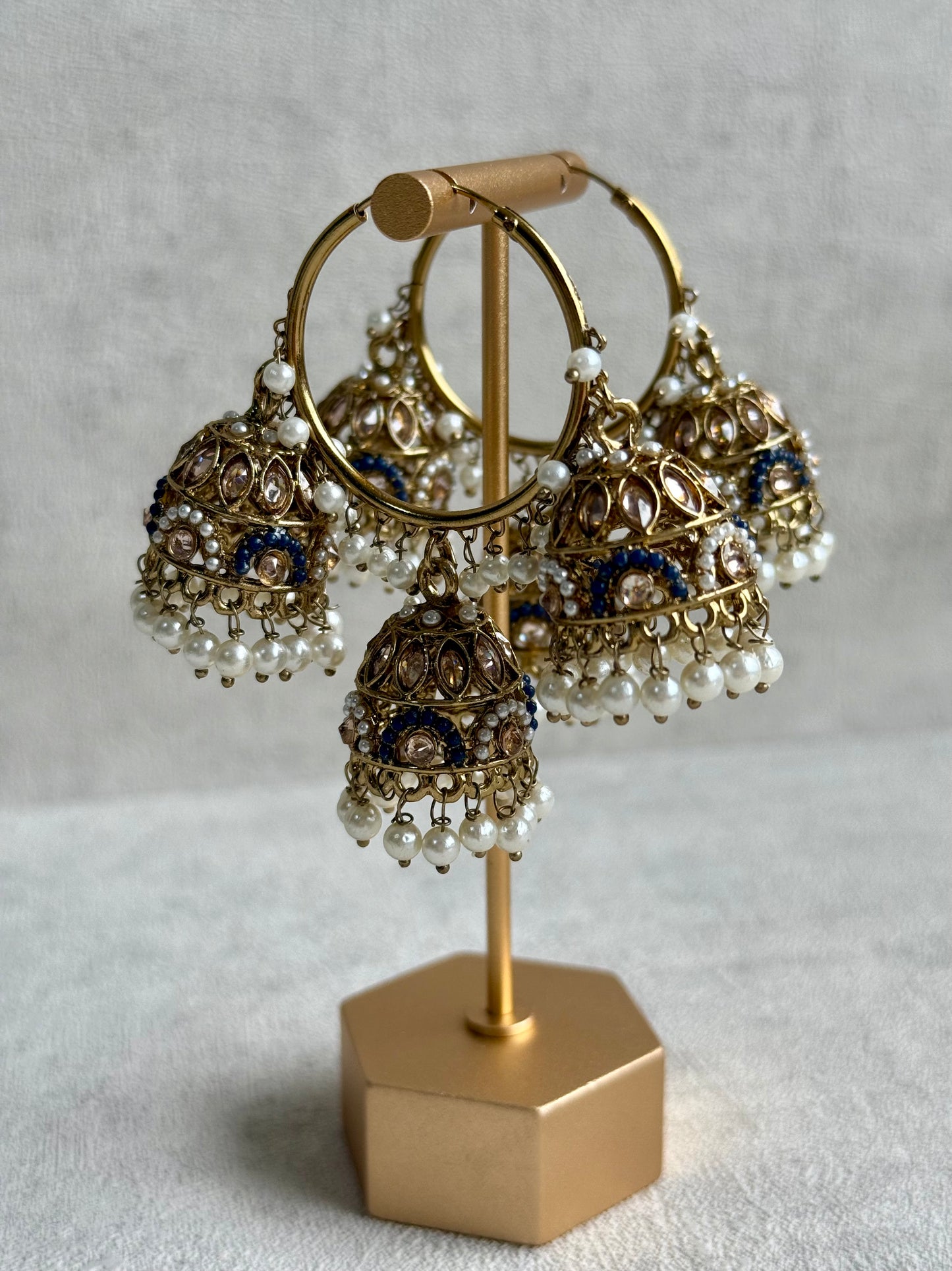 Ayura Designs Nakhra Balis – Blue Triple Dome Earrings with Pearl Clusters & Mirror-Cut Detailing