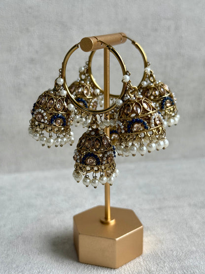 Ayura Designs Nakhra Balis – Blue Triple Dome Earrings with Pearl Clusters & Mirror-Cut Detailing