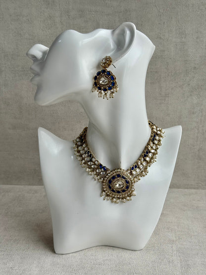 Ayura Designs Warda Set with Earrings & Tikka – Ink Blue Ovals, Mirror-Cut Stones & Ivory Pearls