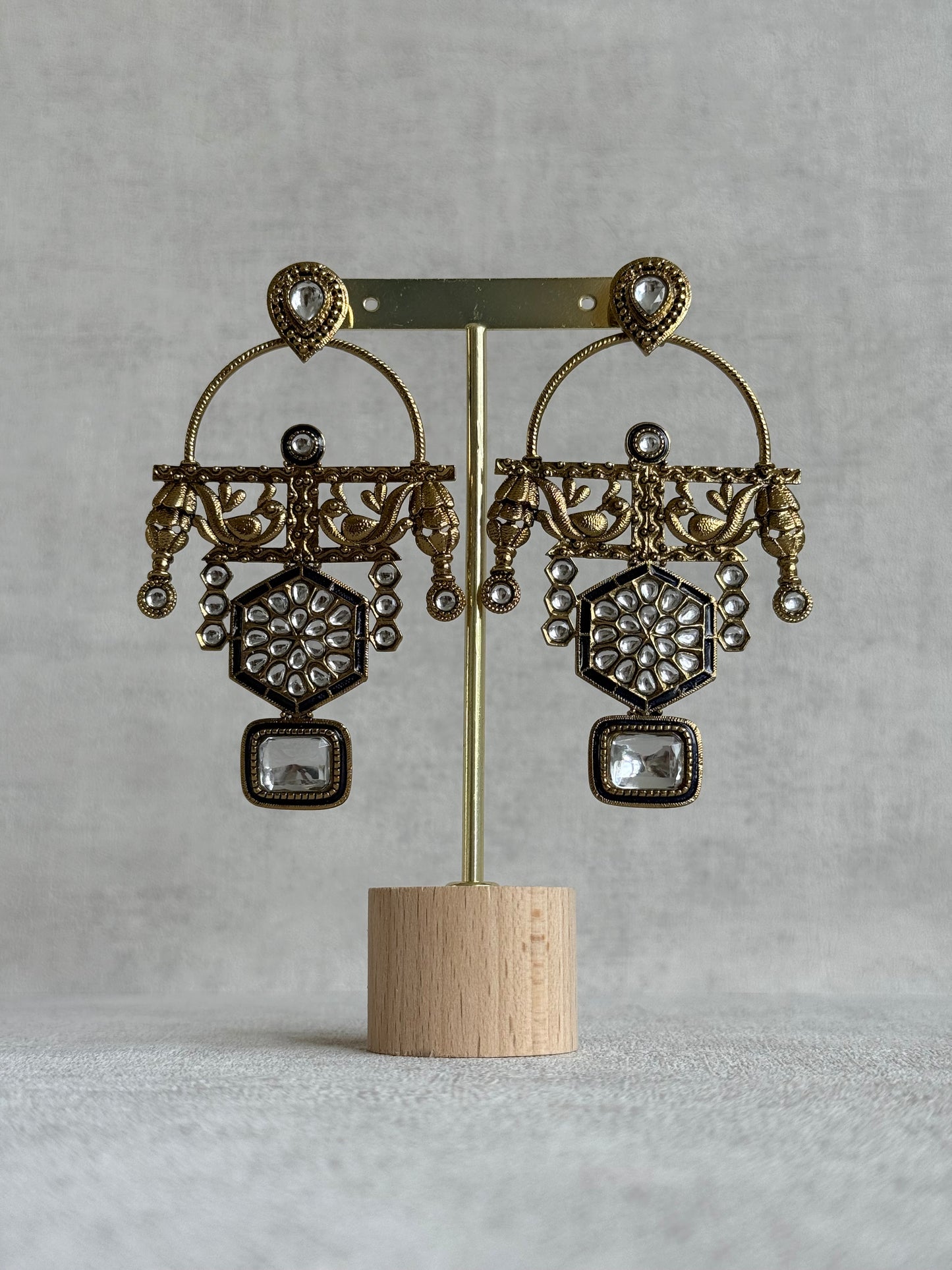 Ayura Designs Irene Earrings – Navy Blue Kundan, Meenakari & Crystal Peacock Chandeliers in Gold