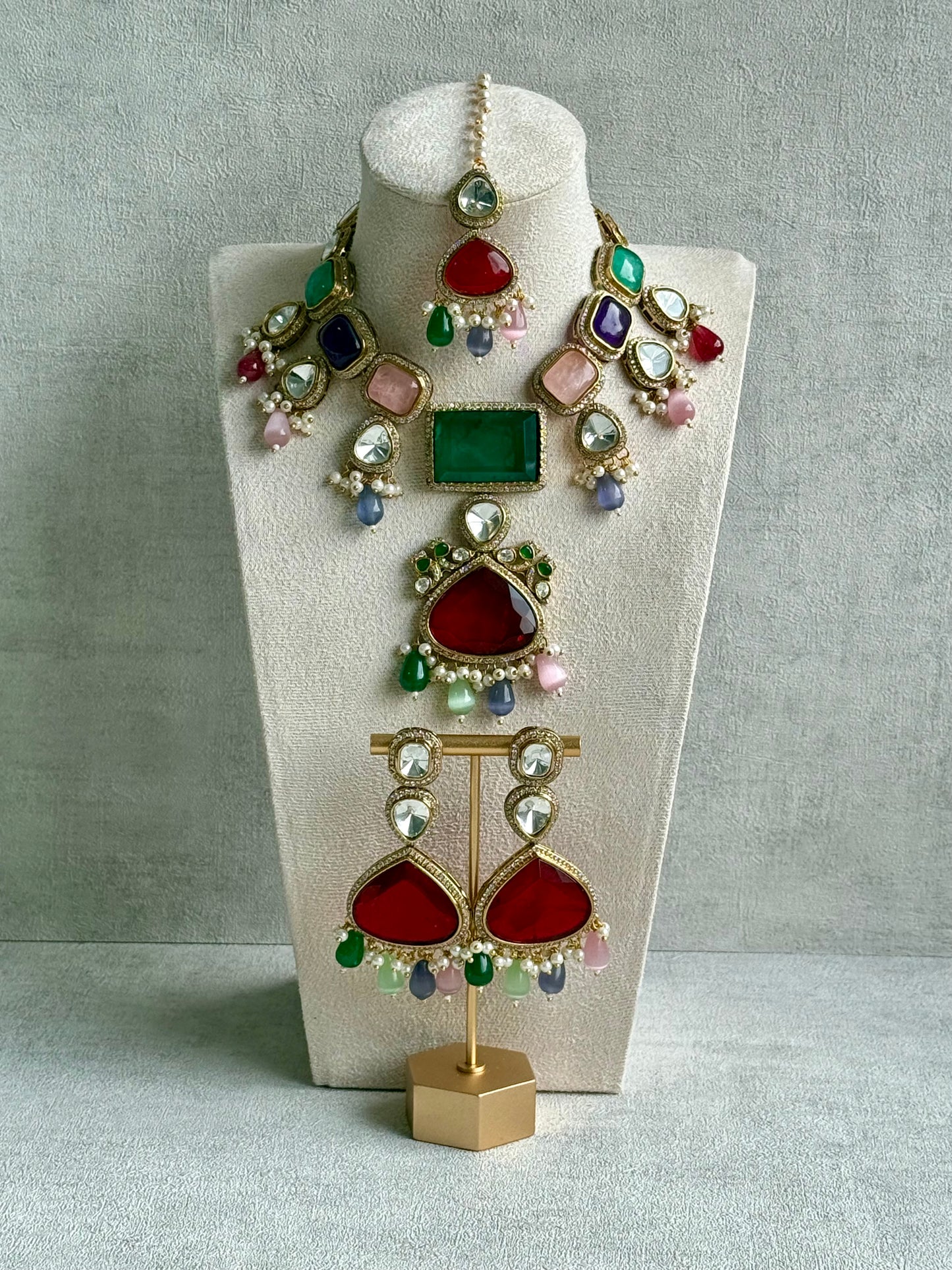 Ayura Designs Lara Set – Statement Multicolour Necklace, Earrings & Tikka with Ruby, Emerald & Pastel Beads