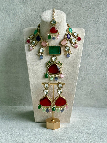 Ayura Designs Lara Set – Statement Multicolour Necklace, Earrings & Tikka with Ruby, Emerald & Pastel Beads