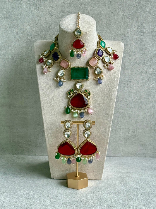 Ayura Designs Lara Set – Statement Multicolour Necklace, Earrings & Tikka with Ruby, Emerald & Pastel Beads