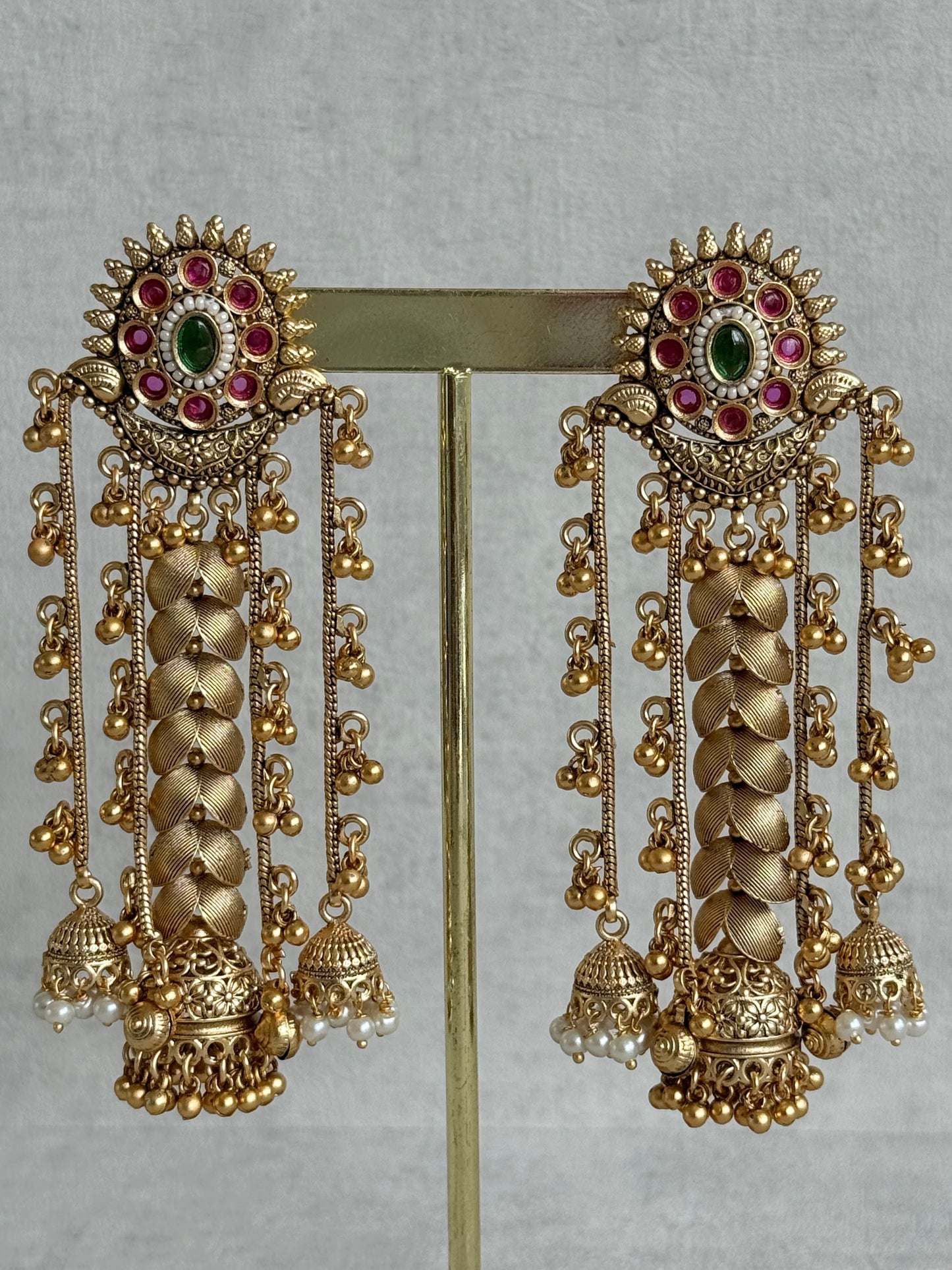 Ayura Designs Ishya Jhumkis – Gold Ghungroo Chain Earrings with Ruby Pink & Green Kundan