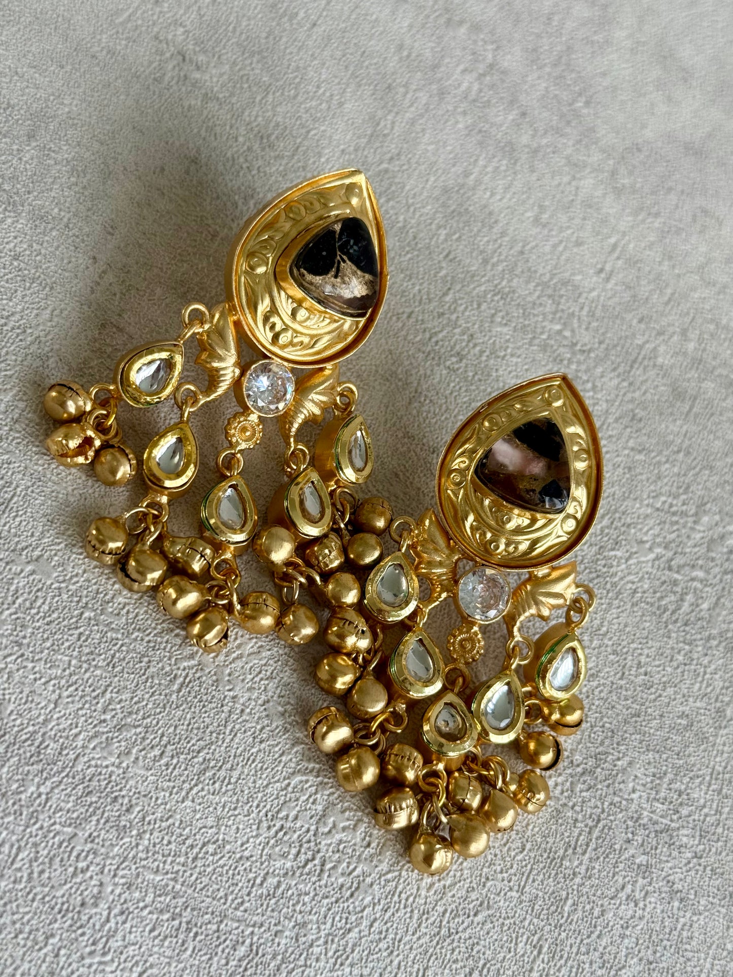 Ayura Designs Arheer Earrings – Onyx & Bronze Marble with Kundan Detailing & Antique Gold Ghungroos