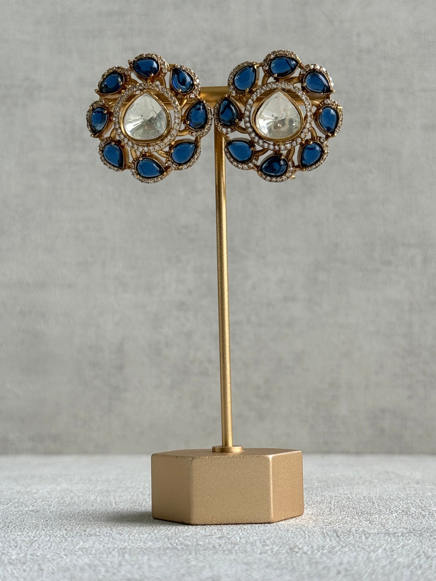 Ayura Designs Giana Stud Earrings – Sapphire Blue & Crystal Kundan with Gold Finish