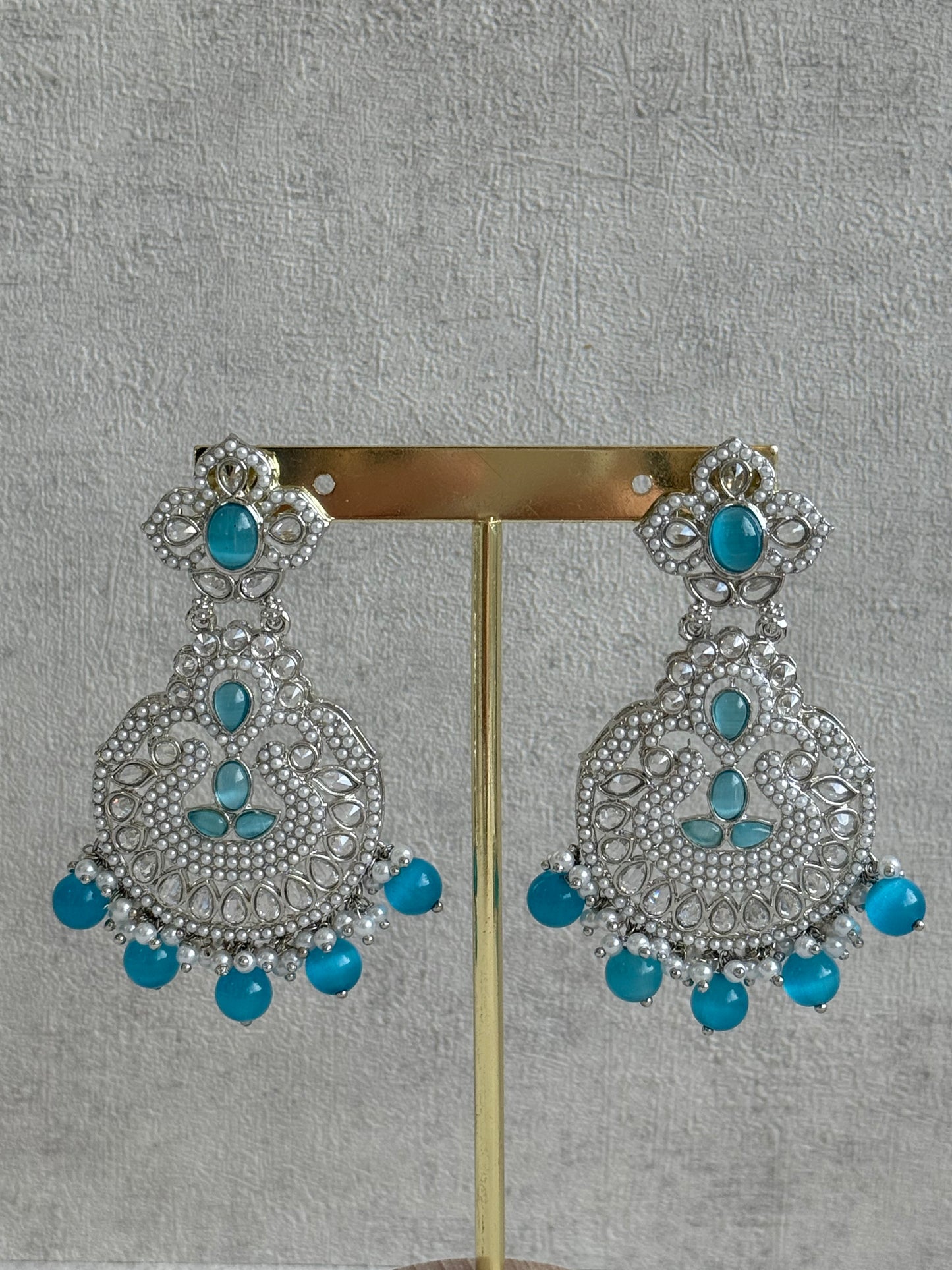 Ayura Designs Zarlish Set – Choker, Earrings & Tikka with Mirror-Cut Stones, Aqua Blue Beads & Silver Finish