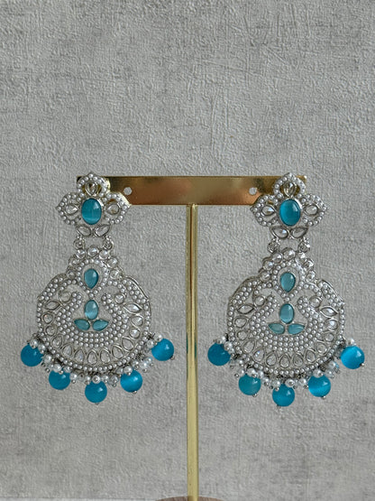 Ayura Designs Zarlish Set – Choker, Earrings & Tikka with Mirror-Cut Stones, Aqua Blue Beads & Silver Finish