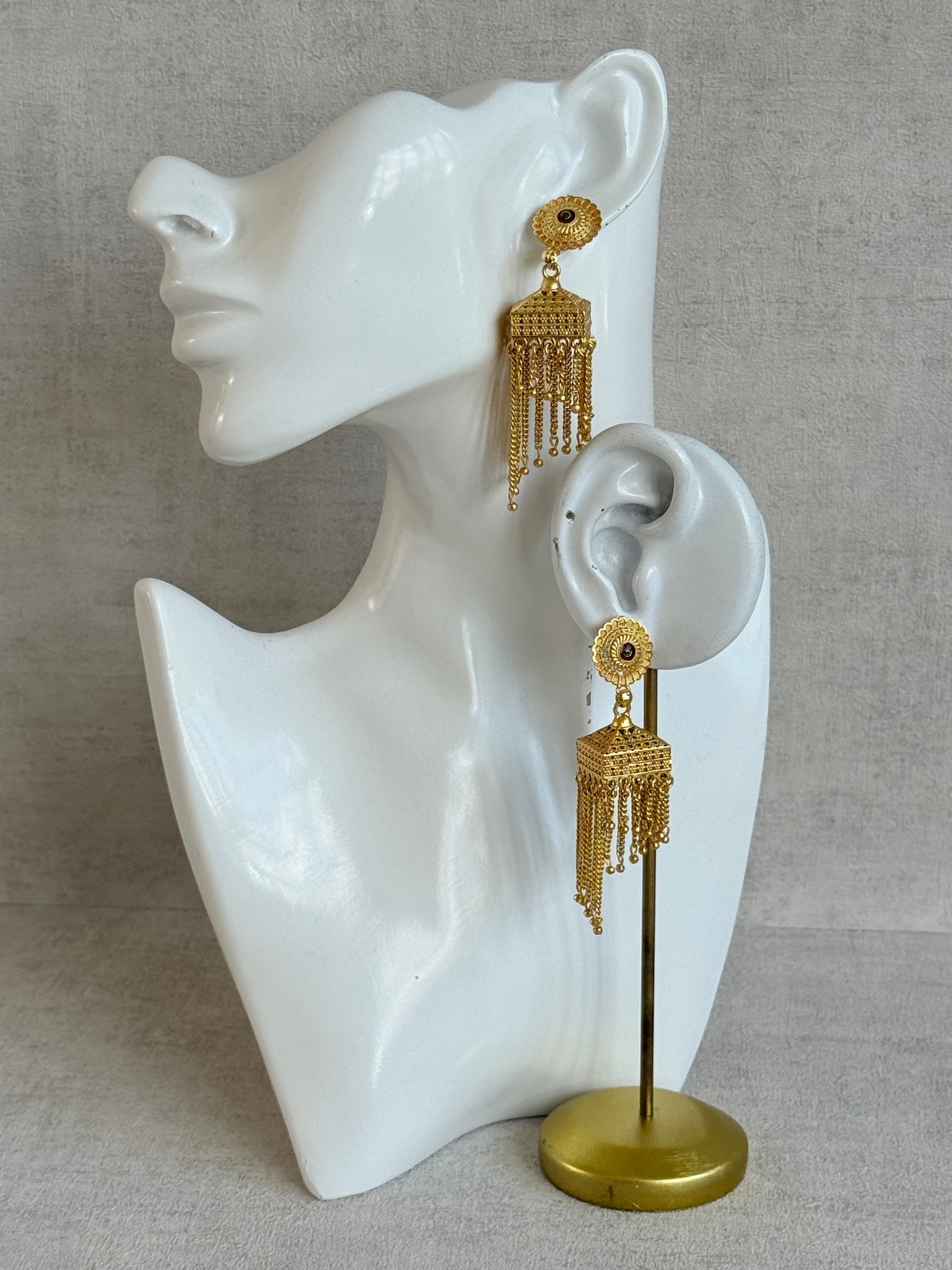 Ayura Designs Raati Jhumkis – Gold Chain Tassel Statement Earrings