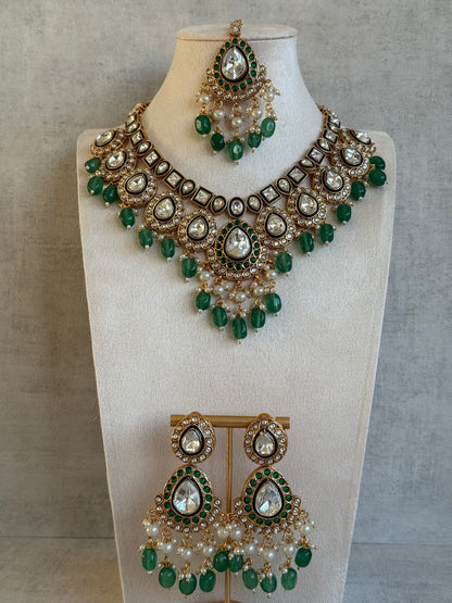 Ayura Designs Ishyat Set with Necklace, Earrings & Tikka – Kundan Detailing, Emerald Green Bead Drops