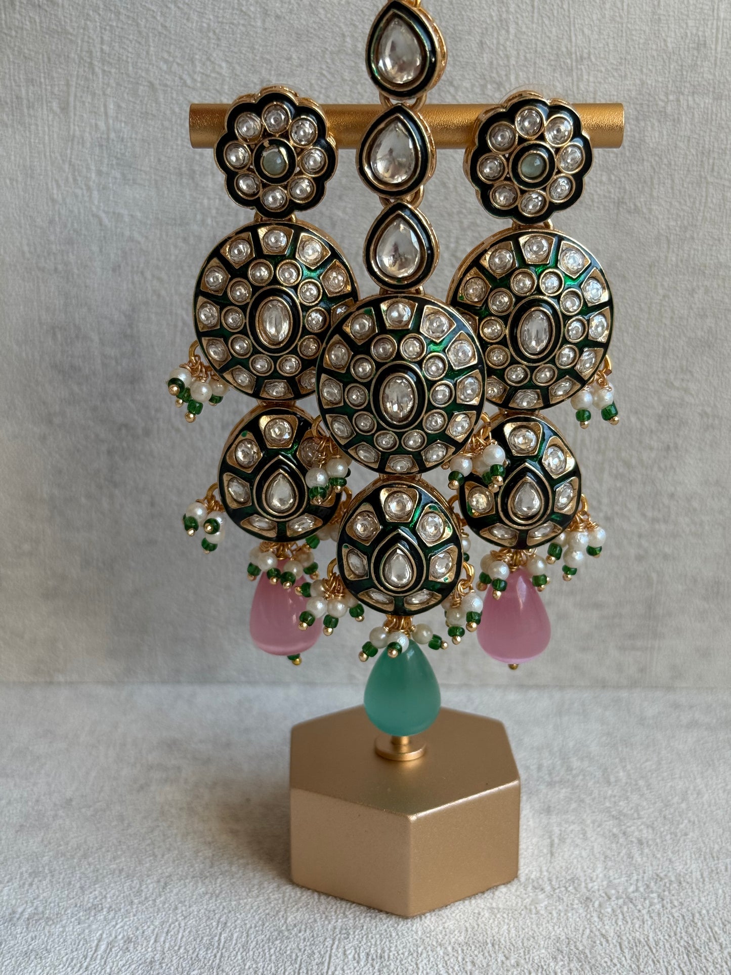 Ayura Designs Sumaira Set with Passa – Necklace, Earrings, Tikka & Passa with Kundan, Green Meenakari Detailing & Aqua-Pink Drops