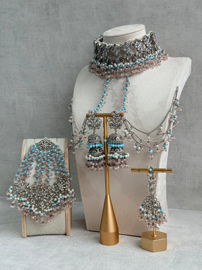 Ayura Designs Arasi Set with Choker, Passa, Tikka & Sahare Jhumkis – Antique Silver with Blush Pink Crystals, Aqua Blue Beads & Ivory Pearls