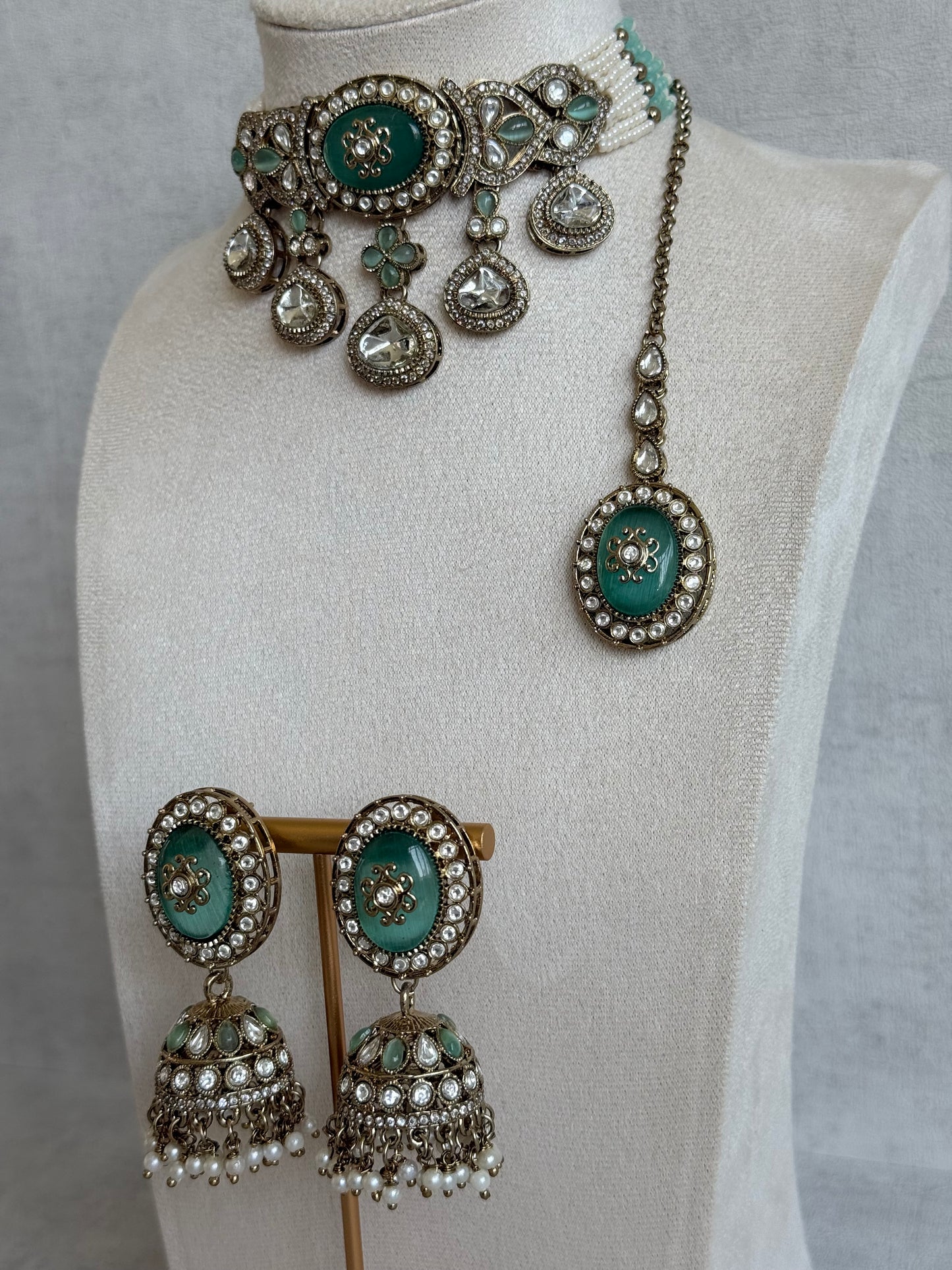 Ayura Designs Myra Choker Set with Jhumkis & Tikka – Mint Green Kundan & Pearl Detailing