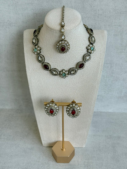 Ayura Designs Ivy Necklace Set with Studs & Tikka – Ruby Red & Mint Green Kundan Detailing