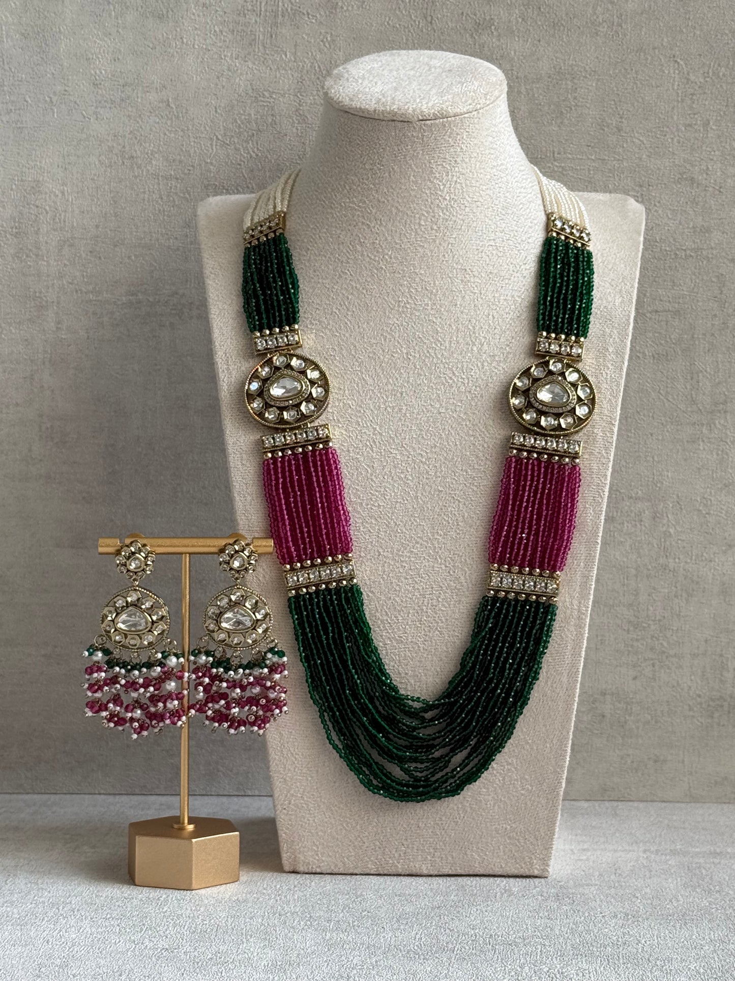 Ayura Designs Sienna Set – Long Layered Necklace & Earrings with Emerald, Berry Pink & Ivory Beads, Mirror-Cut Kundan & Pearl Detailing