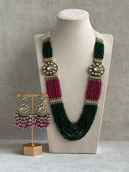 Ayura Designs Sienna Set – Long Layered Necklace & Earrings with Emerald, Berry Pink & Ivory Beads, Mirror-Cut Kundan & Pearl Detailing