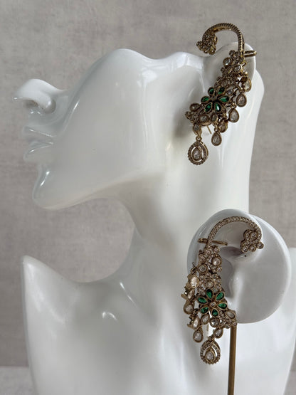 Ayura Designs Aksara Kaanphool Earrings – Emerald Green Stones, Kundan, Crystals & Antique Gold Finish