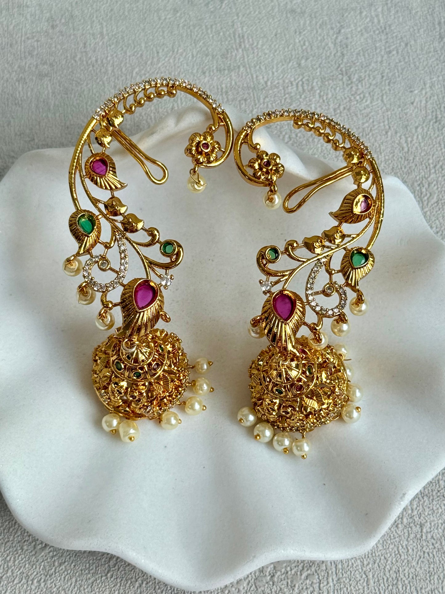 Ayura Designs Nalini Jhumkis – Gold Half Ear Cuffs with Multicolour Stone Accents, Crystal Detailing & Pearl Jhumka Drops
