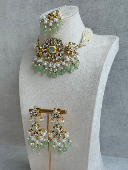 Ayura Designs Tasveer Pachi Kundan Choker Set with Earrings, Tikka & Mint Green Bead Detailing
