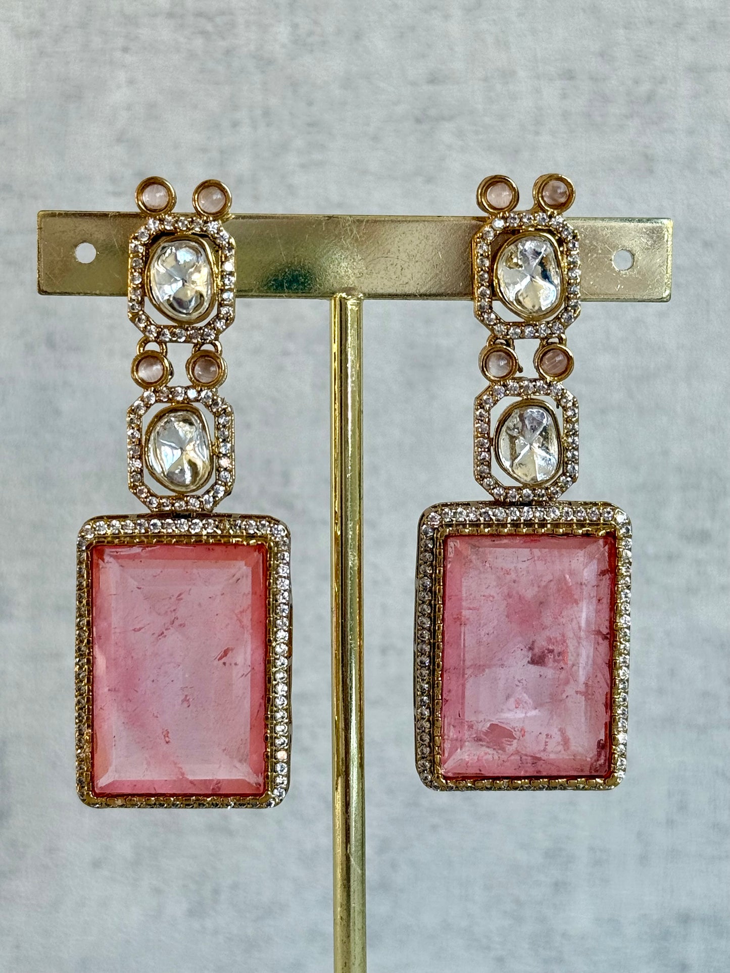 Ayura Designs Clara Set with Earrings and Tikka – Rose Quartz Pink Stones with Moissanite and Antique Gold Finish