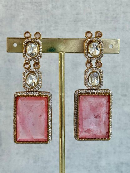 Ayura Designs Clara Set with Earrings and Tikka – Rose Quartz Pink Stones with Moissanite and Antique Gold Finish