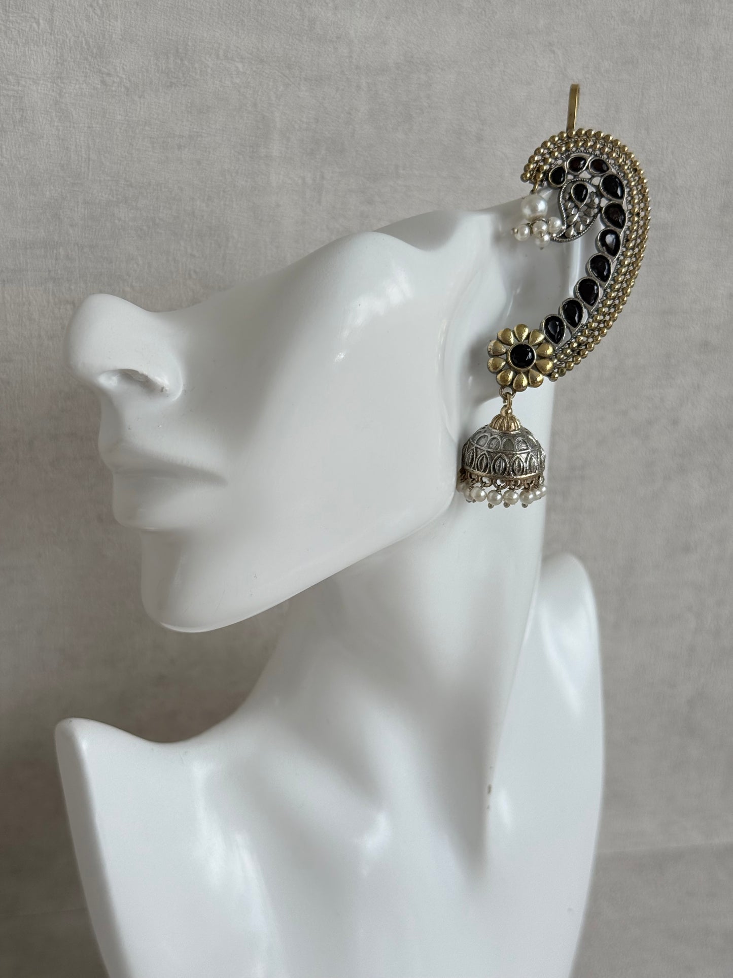 Ayura Designs Koyal Jhumkis – Oxidised Dual Tone Ear Climber Jhumkis with Black Kundan & Pearl Detailing