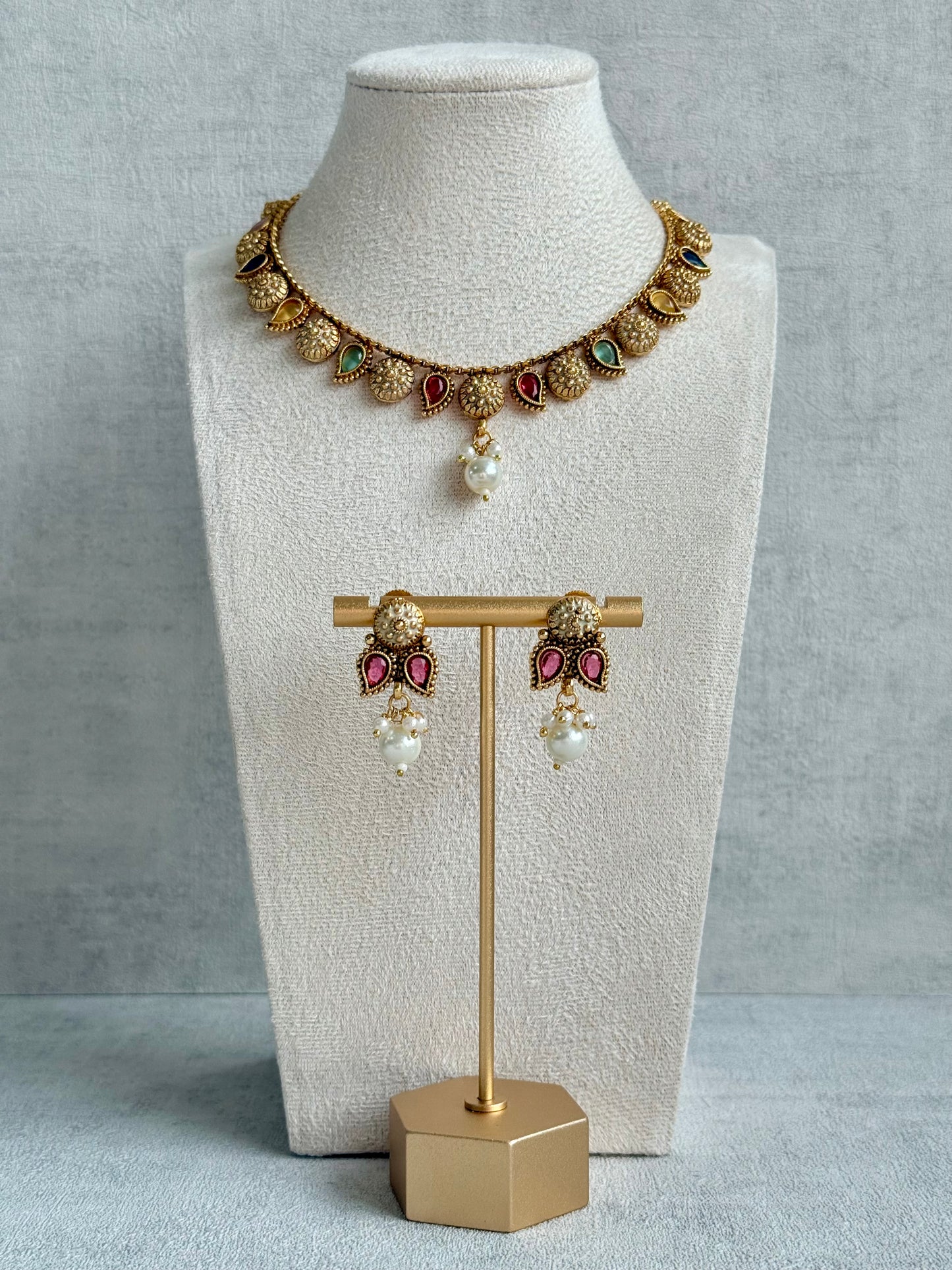 Ayura Designs Mayura Necklace Set with Earrings – Antique Gold Meenakari Motifs with Pearl Drop & Multicolour Stones