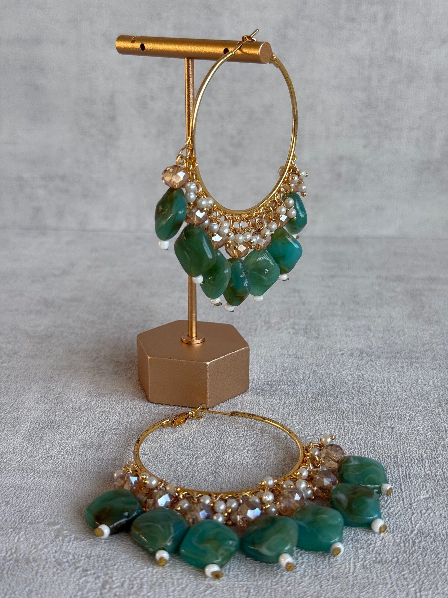 Ayura Designs Heer Balis – Gold Hoops with Jade Green Marble Beads, Pearls & Crystal Detailing