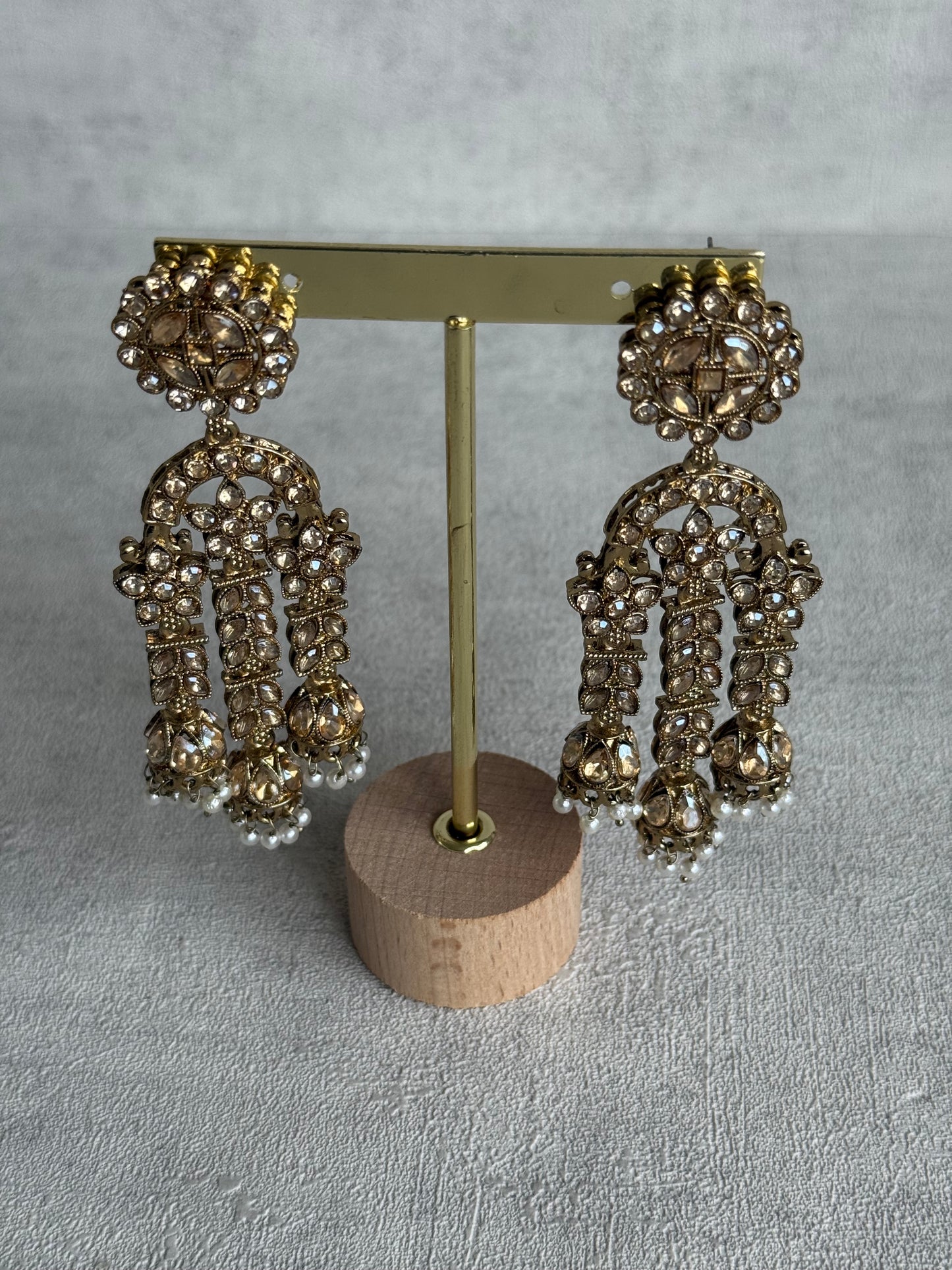 Ayura Designs Soraya Earrings – Champagne Stones, Mirror-Cut Crystals, Pearl Detailing & Gold Finish