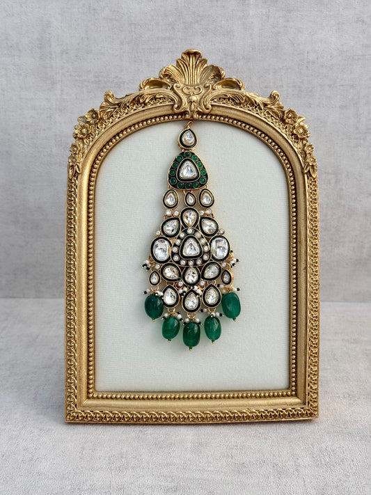 Ayura Designs Salma Jhoomar Passa – Emerald Green Drops with Kundan Stones & Antique Gold Finish