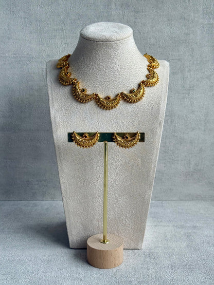Ayura Designs Dhun Set – Necklace & Earrings with Antique Gold Crescent Motifs, Rani Pink & Emerald Detailing