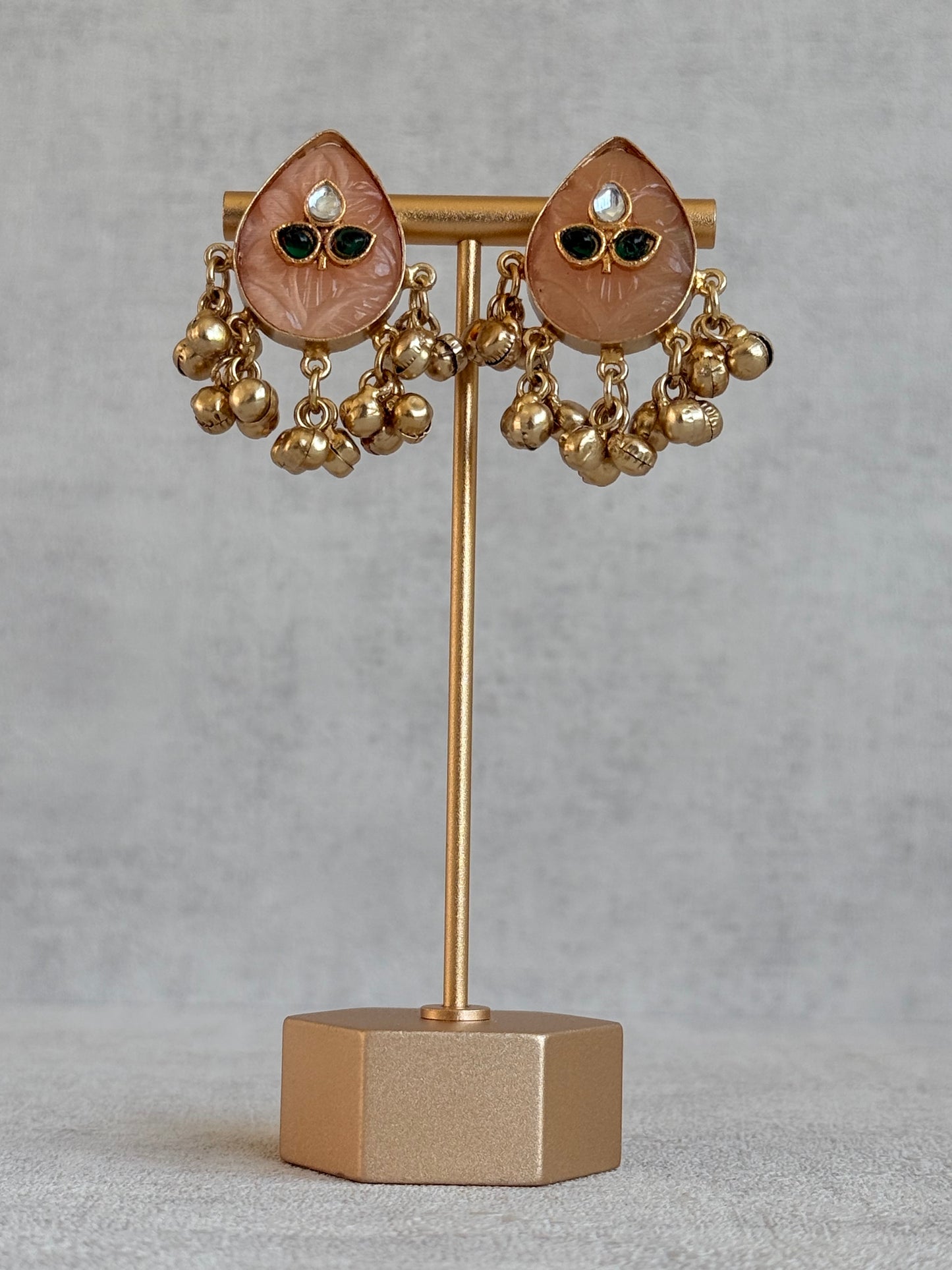 Ayura Designs Aykai Earrings – Champagne Peach Teardrop Stud Earrings with Clear Kundan Stones and Gold Ghungroo Drops
