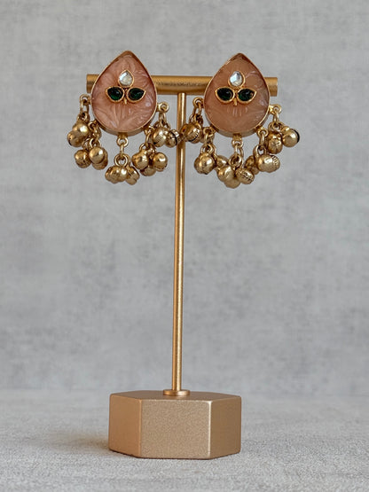 Ayura Designs Aykai Earrings – Champagne Peach Teardrop Stud Earrings with Clear Kundan Stones and Gold Ghungroo Drops