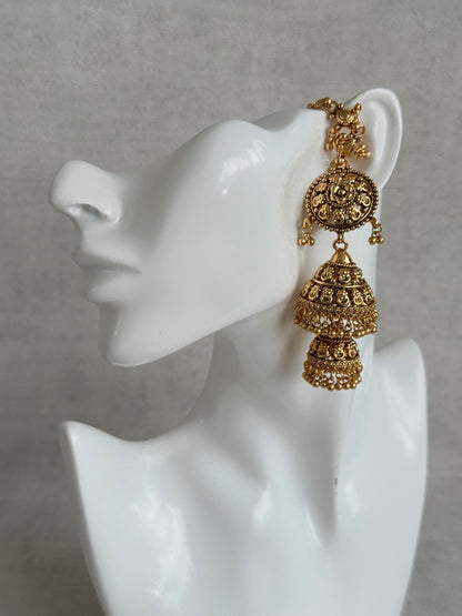 Ayura Designs Chhavi Sahare Jhumkis – Antique Gold Finish with Double Dome Design