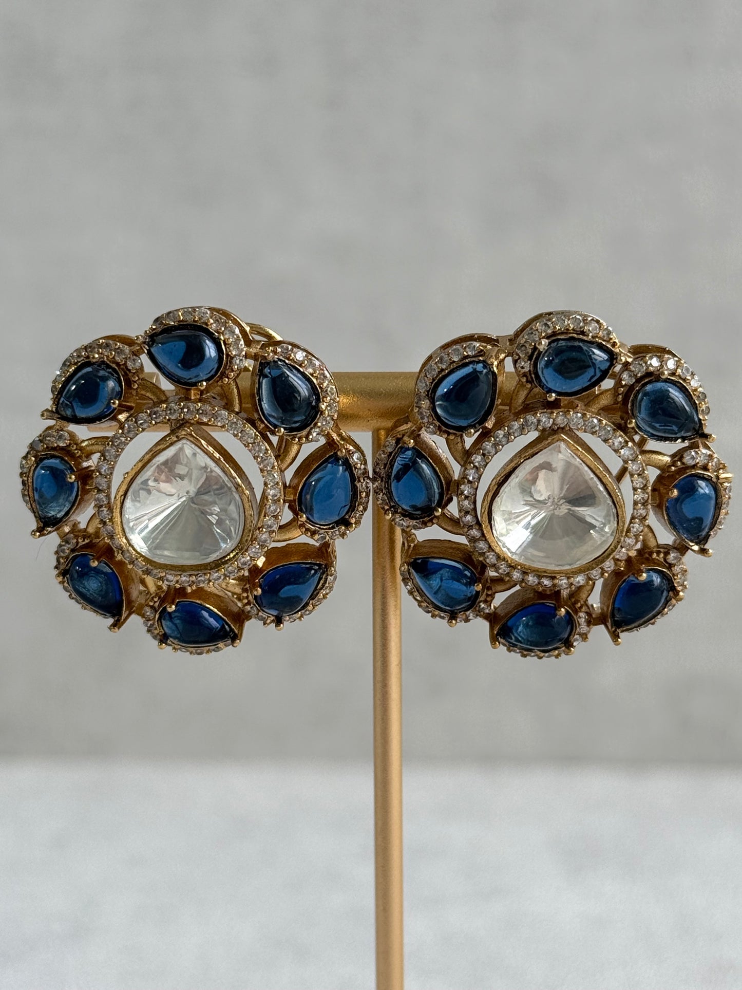 Ayura Designs Giana Stud Earrings – Sapphire Blue & Crystal Kundan with Gold Finish