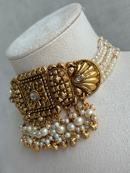 Ayura Designs Nabila Choker Set with Earrings & Tikka – Antique Gold Finish, Sea Shell Detailing, Pearls & Ghungroos