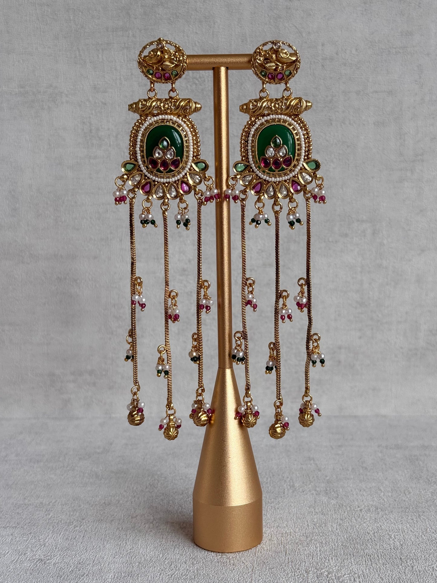 Ayura Designs Kaveri Earrings – Gold Long Chain Drop Earrings with Kundan, Pearls & Ghungroo Detailing – Emerald Green