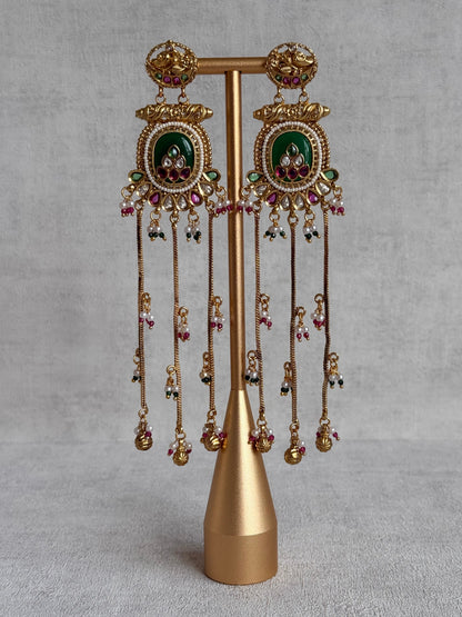 Ayura Designs Kaveri Earrings – Gold Long Chain Drop Earrings with Kundan, Pearls & Ghungroo Detailing – Emerald Green
