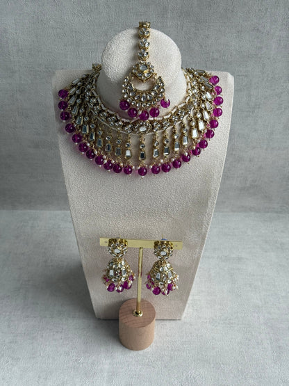 Ayura Designs Shaheen Set with Jhumkis & Tikka – Magenta Beads, Mirror Kundan & Gold Finish