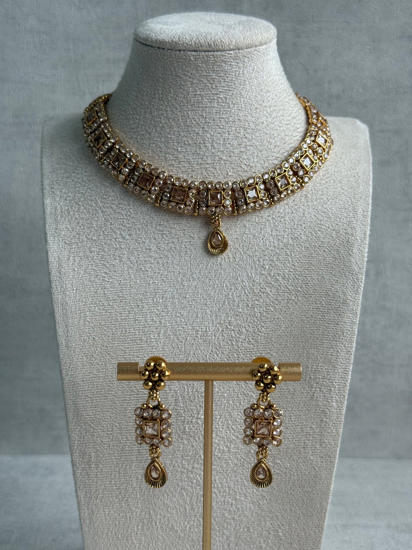 Ayura Designs Yashna Set – Necklace & Earrings with Champagne Kundan and Pearl Detailing in Antique Gold Finish