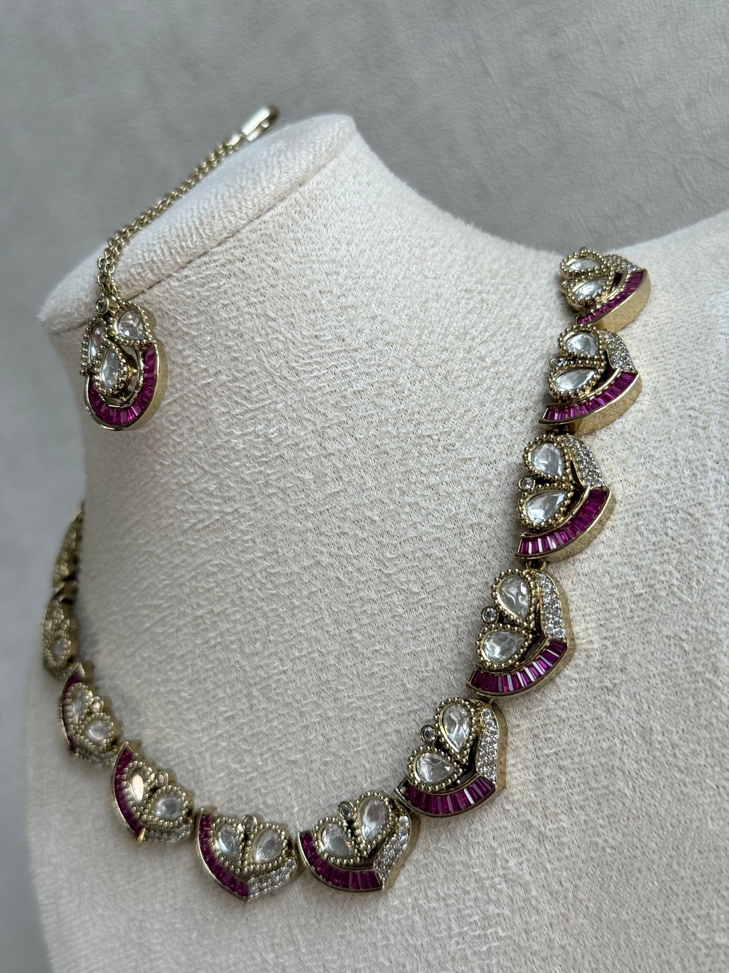 Ayura Designs Katalina Necklace Set with Earrings & Tikka – Rani Pink Stones, Crystals & Antique Gold Finish