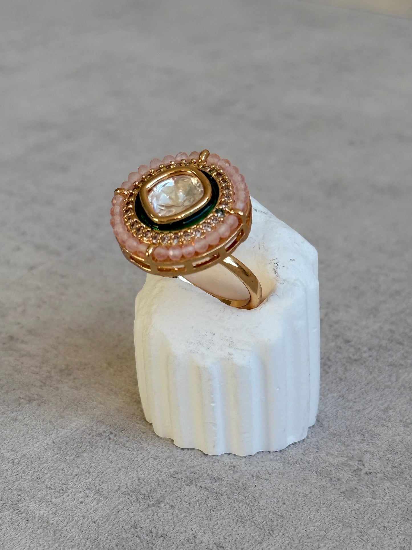 Ayura Designs Roselle Adjustable Ring – Moissanite Centre with Crystal Border & Blush Pink Beads