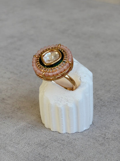 Ayura Designs Roselle Adjustable Ring – Moissanite Centre with Crystal Border & Blush Pink Beads