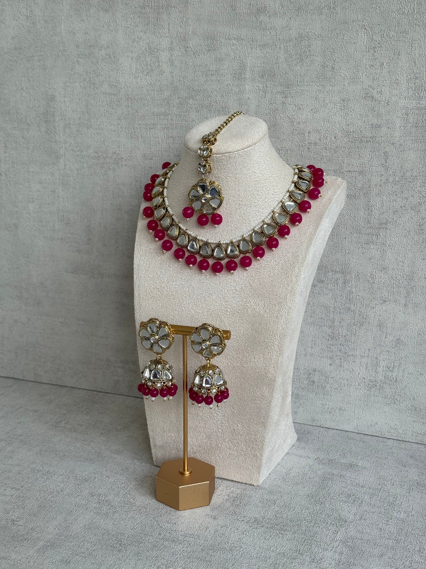 Ayura Designs Mishal Set with Jhumkis & Tikka – Fuchsia Beads & Mirror-Cut Stones
