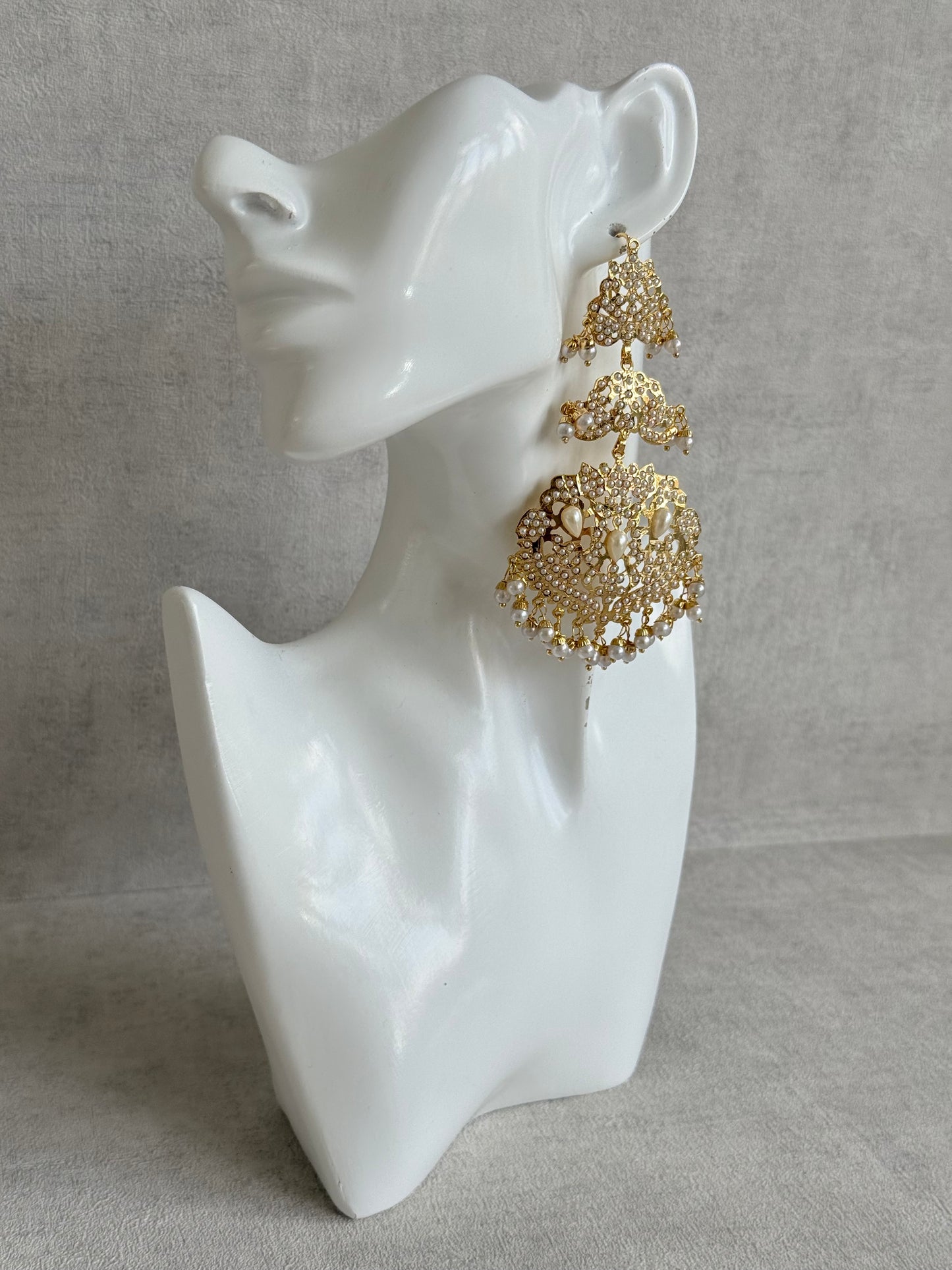 Ayura Designs Zarrar Earrings – Gold Jadau Filigree Statement Earrings with Pearl Drops